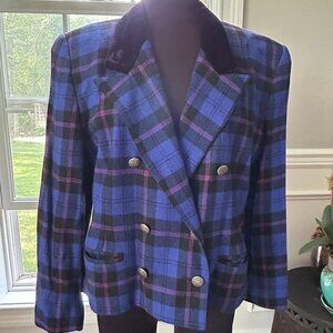 Vtg SK & Company Crop Double Breasted Blazer Jacket - Purple Plaid Women's Sz 14